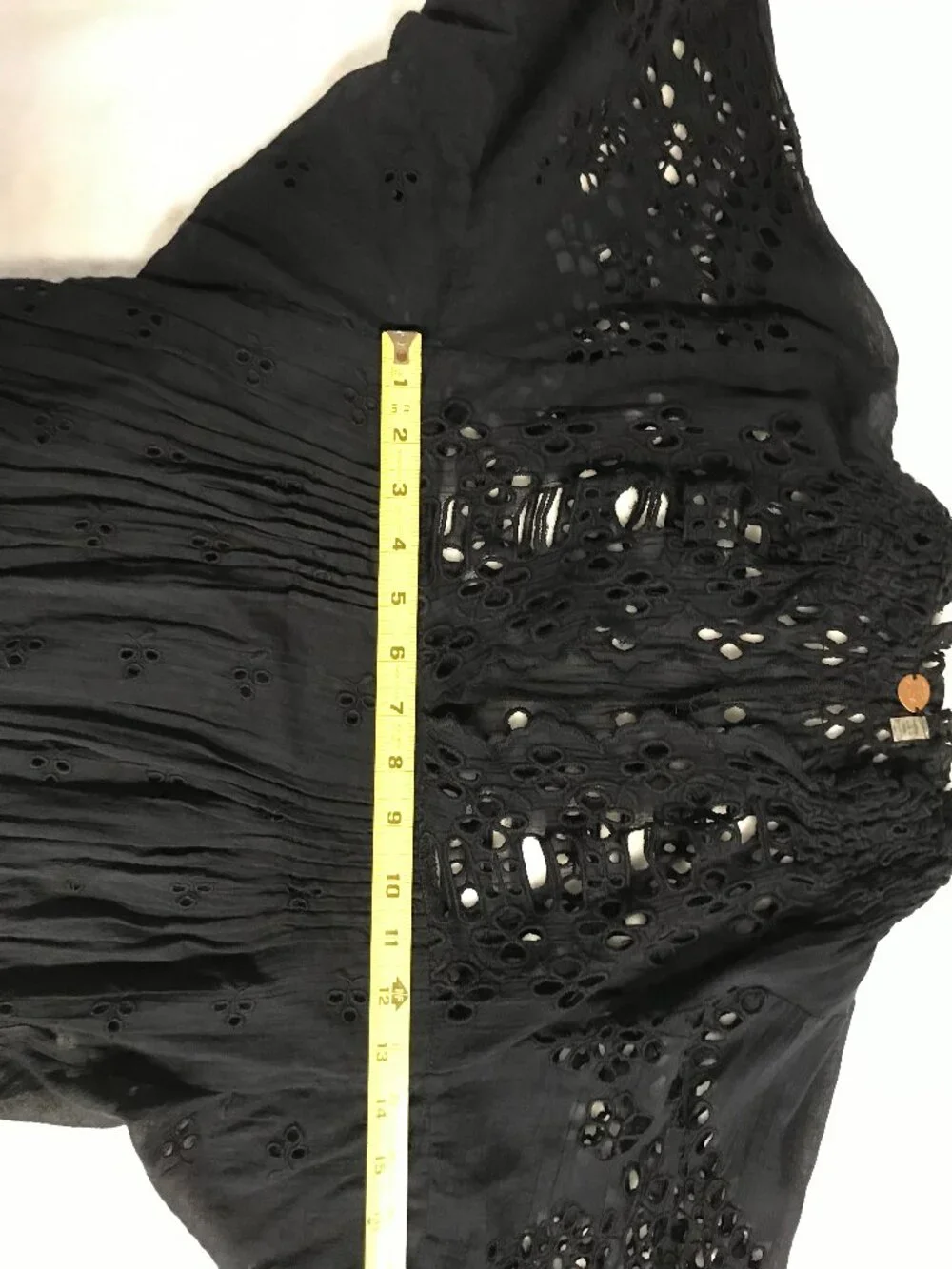 FP One Free People Black Eyelet Lace Boho Peasant Top XS Cotton Smocked Waist